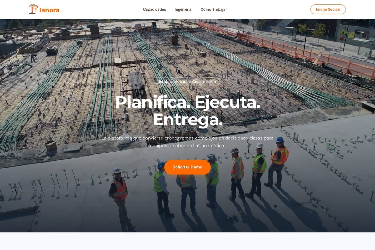 The Planora landing page, showing a construction site and the product headline